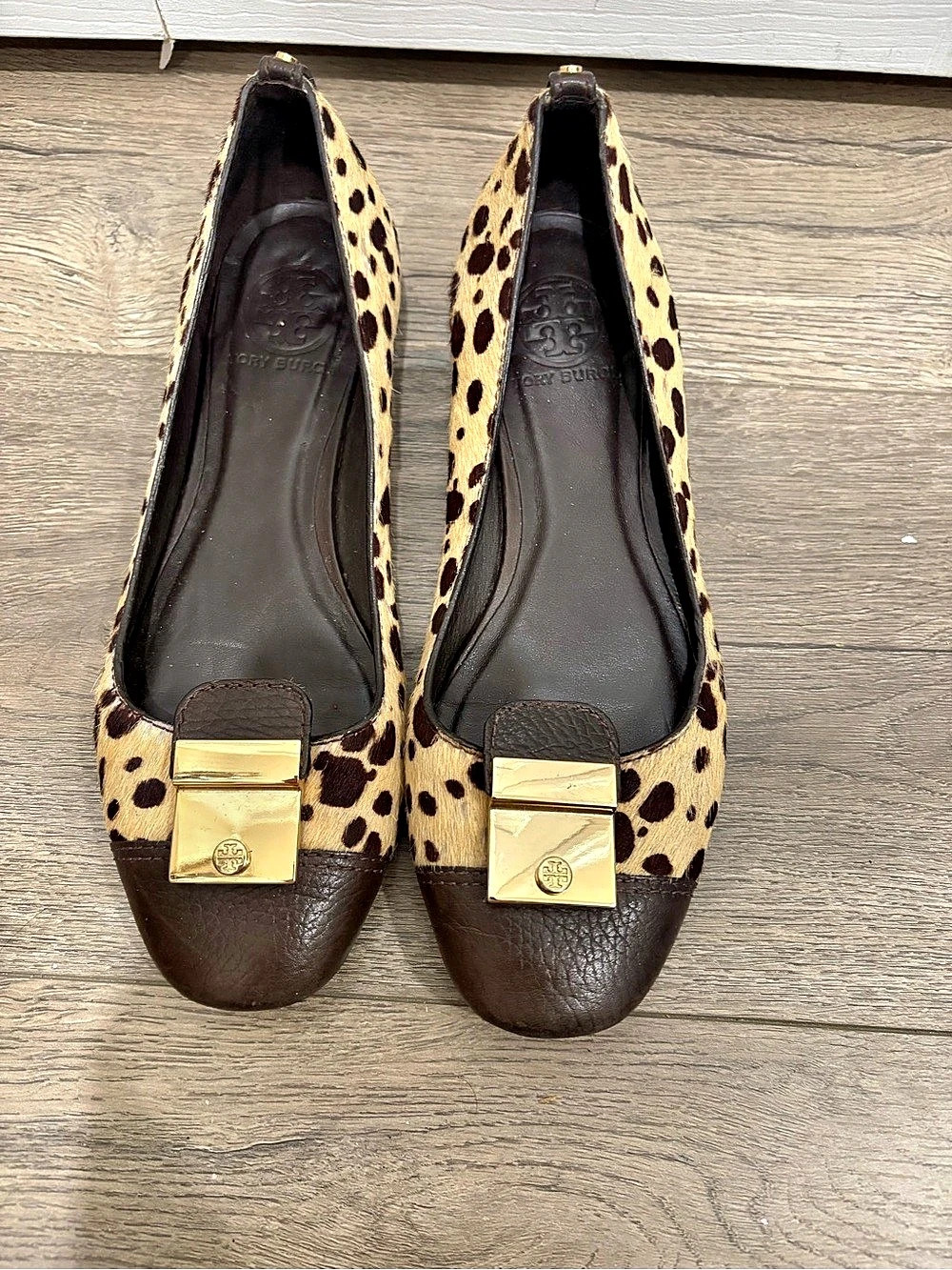 Tory Burch Leopard Calf Hair Cap-Toe Flat with Gold Lock Hardware Flats Brown &